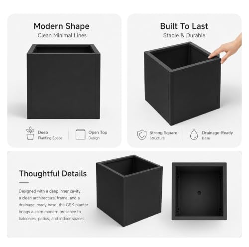 Galvanized Steel Metal Square Planter for Indoor Outdoor 1Set (Black / 13.8"H×13.8"W×13.8"L)