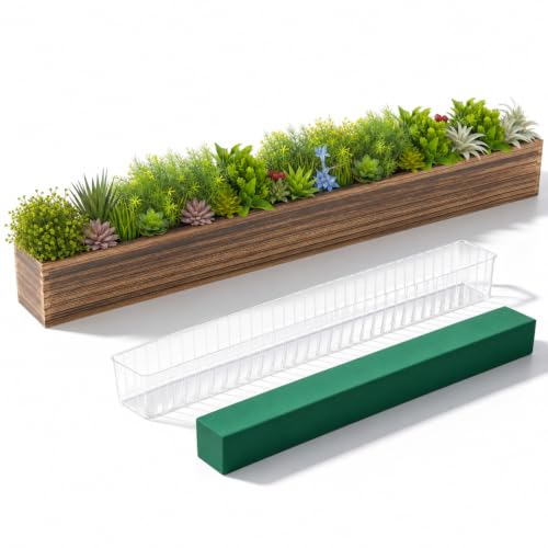 1 Set Wood Boxes for Centerpieces 34x5 Inch Rectangle Wooden Planter Box Rustic Wooden Planter with Removable Plastic Liner Floral Foam Block for Christmas Wedding Home Garden Decor (34 x 5 Inch / Dark Brown)
