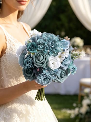 Artificial Flowers Combo Box Set Dusty Blue Silk Floral Arrangements for Wedding Bridal Bouquet (Dusty Blue White)