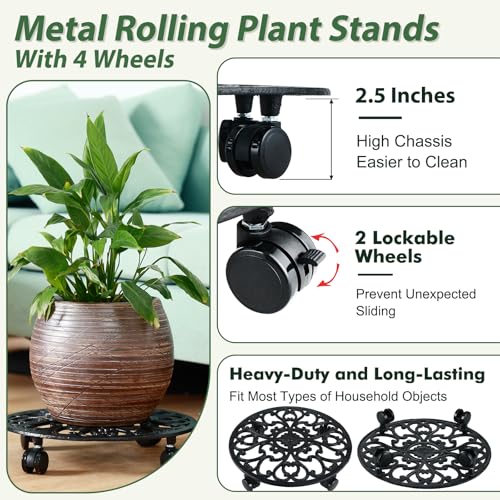 4 Packs 14 Inch Rolling Plant Stand with Wheels Metal Plant Caddy with Wheels Heavy Duty Round Plant Stand Indoor Iron Plants Rollers for Plants (14 inch: 4 pcs / Black)