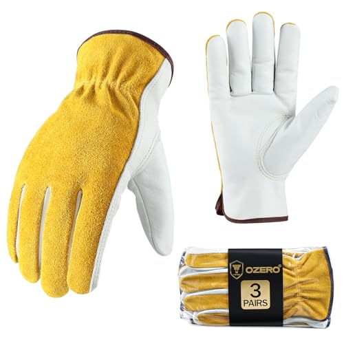 Leather Work & Gardening Gloves (Gold/Light Cyan(3 Pair) / Medium)