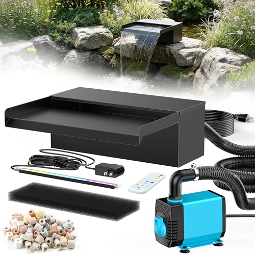 12inch Pond Waterfall Spillway with RGB LED Lights & 660GPH Pump Kit (12INCH with Remote Lights)