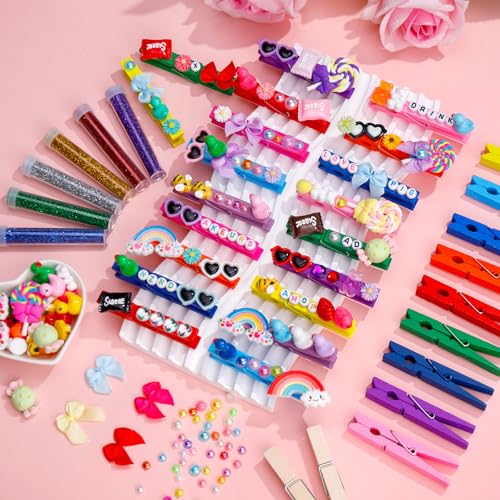80 Set Cheer Pins Spirit Clips Clothes Wooden Pins for Backpacks Include 90 Mini Resin Animals 30 Mini Bows 500 Beads Cheer Clothespins Decorations Ribbon Team Classroom Cheer Gifts Bulk（Colorful） (80Set Cheer Pins)