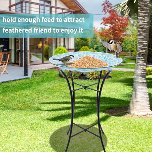 Mosaic Glass Bird Baths with Metal Stand for Garden Birdfeeder Decor (Green)