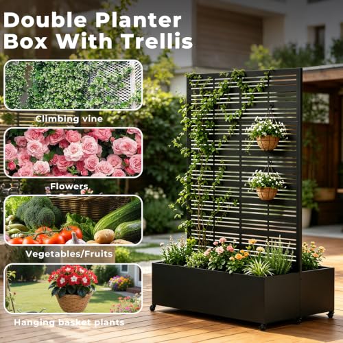Double Metal Planter Box with Trellis Privacy Screen (Black line / 73"x 47"x 30")