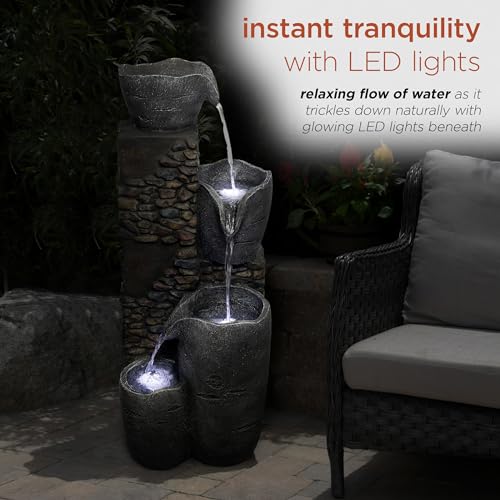 HIM562 Outdoor 4 Tier Stone Bowl Fountain with LED Lights for Garden (Stone Bowl)