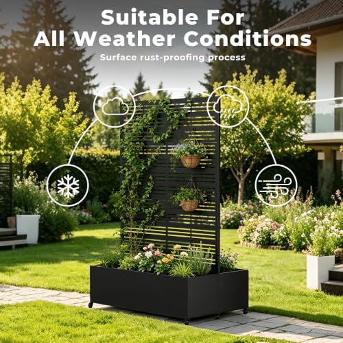 Double Metal Planter Box with Trellis Privacy Screen (Black line / 73"x 47"x 30")