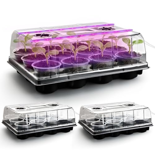 36 Pack 4 Inch Clear Plant Pots & 3 Pack 12 Cell Nursery Pot Trays with Humidity Dome and Growing Lights for Seed Starting (39 Count)