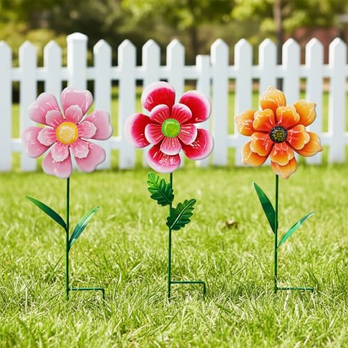 3pcs Flowers Yard Wind Spinners Outdoor Decoration Stakes Lawn Ornaments (Orange, Pink, Green)