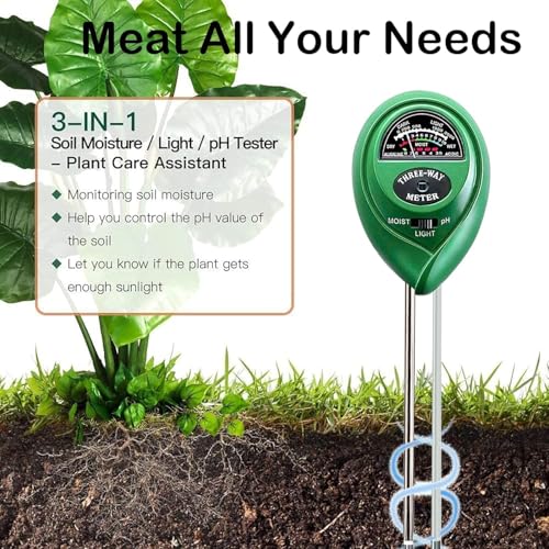 3-in-1 Soil Moisture Meter, Upgraded Stainless Steel Probe Soil pH/Light/Moisture Meter for Plants, Soil Tester for Garden, Farm, Lawn, Indoor & Outdoor (No Battery Needed)