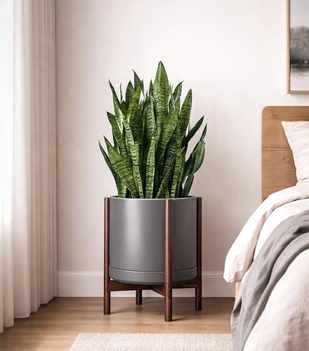 Ceramic Pot with Walnut Wood Stand (14 Inch / Grey Pot + Walnut Color Stand)