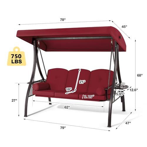3 Seat Porch Swing with Adjustable Canopy (Wine Red)