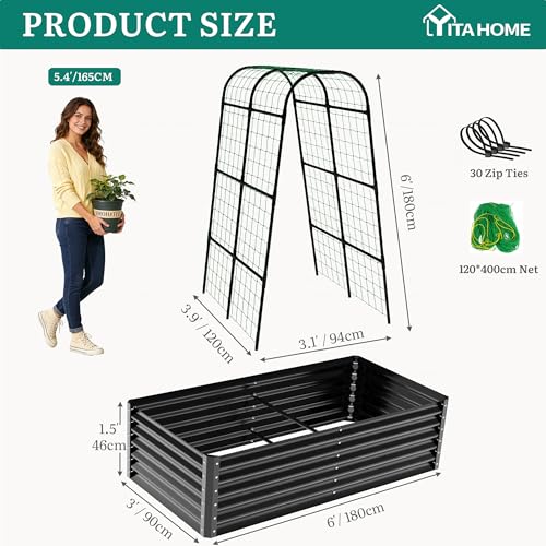 2pcs 6x3x1.5ft Galvanized Raised Garden Bed with Tall Arch Trellis (Black / 6x3x1.5ft 2pcs W/ Trellis)