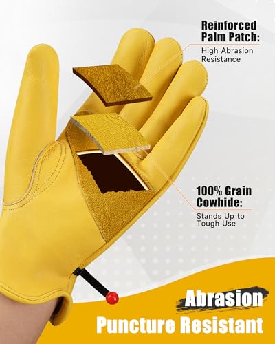 Adjustable Cowhide Leather Work Gloves for Men 1 Pair Golden M