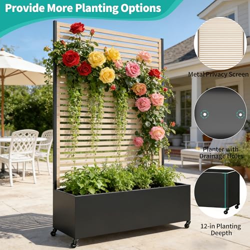 Metal Planter Box with Trellis Privacy Screen (Wood Grain / 73"x 47"x 16")