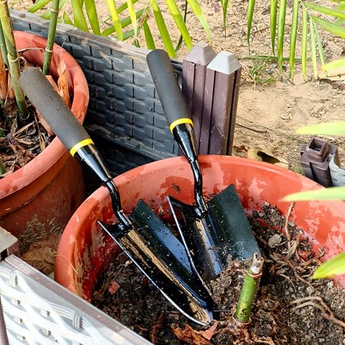 2-in-1 Trowel and Transplanter Gardening Tool Set, Outdoor Hand Tools, with Non-Slip Handle and Protective Blade Covers, Ideal Gardening Gifts for All (Black) (2 Count)