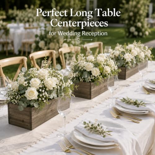 12 Set Wood Boxes for Centerpieces 16x4 Inch Rectangle Wooden Planter Box Rustic Wooden Planters with Removable Plastic Liner Floral Foam Blocks for Christmas Wedding Home Garden Decor (16 x 4 Inch / Brown)