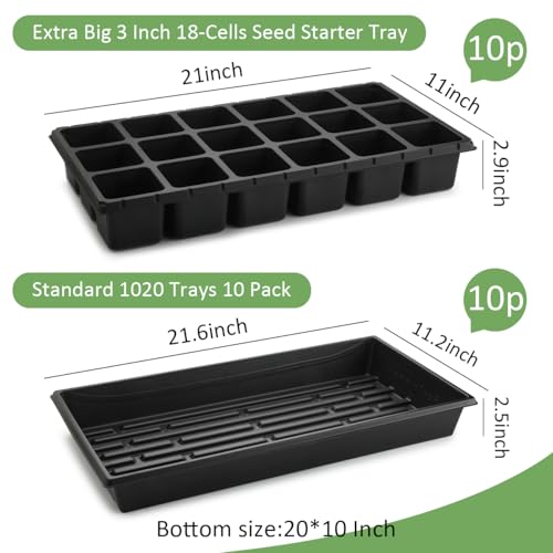 3 Inch Square Pots 2.9" Deep 18 Cell Seedling Trays with Water Collection Nursery 1020 Trays No Holes for Seeds Starting and Transplanting (18 Cells)