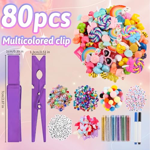 80 Set Cheer Pins Spirit Clips Clothes Wooden Pins for Backpacks Include 90 Mini Resin Animals 30 Mini Bows 500 Beads Cheer Clothespins Decorations Ribbon Team Classroom Cheer Gifts Bulk（Colorful） (80Set Cheer Pins)