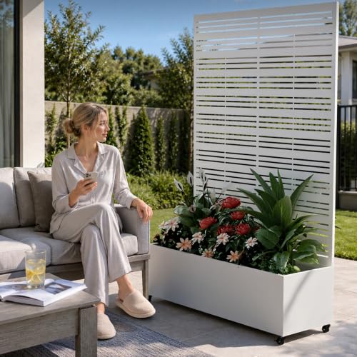 Metal Planter Box with Trellis Privacy Screen (White Line / 73"x 47"x 16")