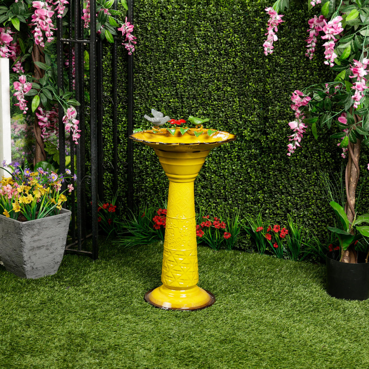 ORS112YL Vintage Metal Pedestal Birdbath with Stand (Yellow)
