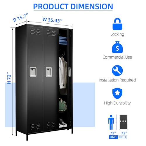 Metal Storage Locker for Office Gym Bedroom Dormitory (Black / 3 Doors)