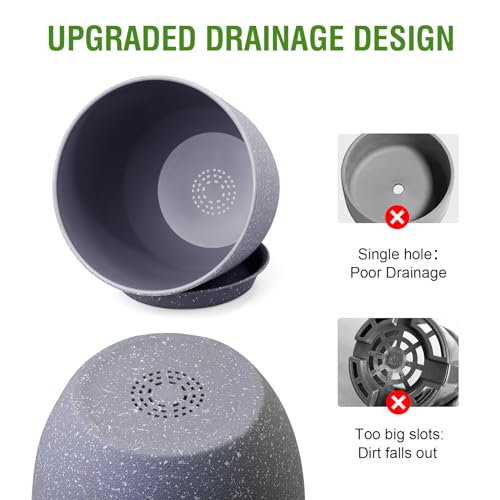 10/9/8 inch Plant Pots, Set of 3 Modern Decorative Plastic Planters with Drainage Holes and Saucers for Garden House Plants, Flower Pots for Indoor Outdoor Plants, Speckled Grey (3 Count)