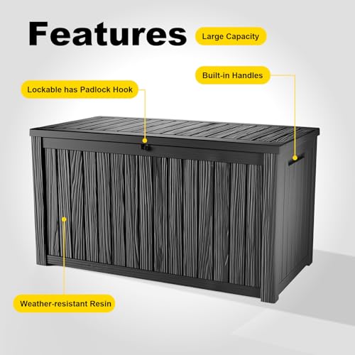 200 Gal Deck Box Resin Waterproof Outdoor Storage Box Black