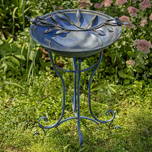 Deep Well Made Metal Birdbath with 2 Cast Iron Birds and Leaf Decoration