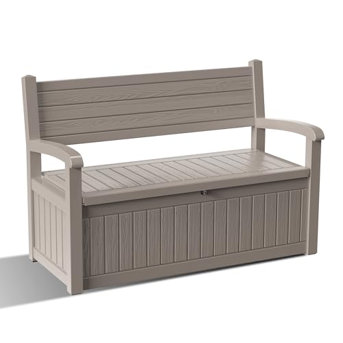80 Gallon Outdoor Storage Bench Lockable Deck Box Outdoor Storage Box Waterproof for Patio (Grey Srtipe / 80 Gallon)