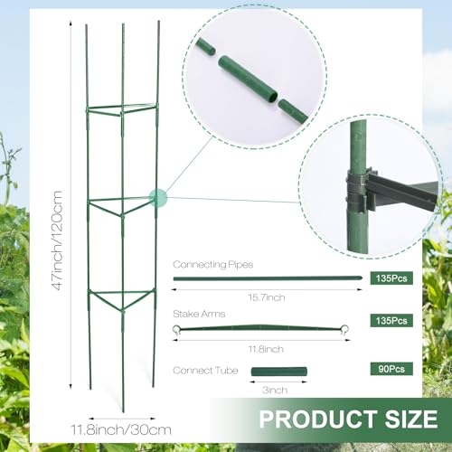 5 Pack Tomato Cages for Garden 48 Inch Metal Tomato Cages Heavy Duty Plant Supports Assembled Garden Trellis Stakes with Adjustable Snap Arm for Climbing Plant Vegetable (Green)