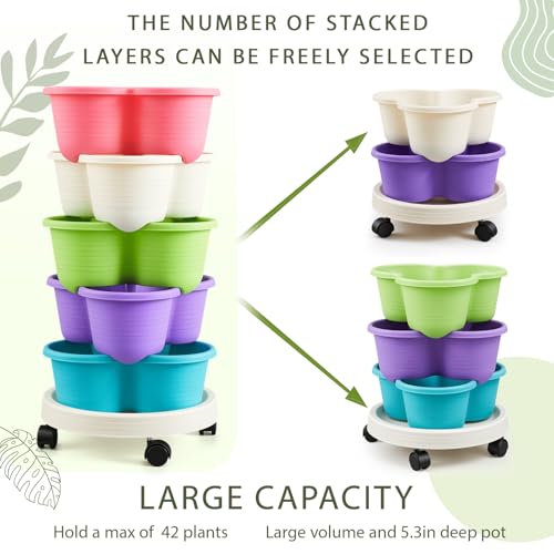 2 Set Multicolor 5 Tier Stackable Vertical Planters with Removable Wheels and Tools Tower Planters Herb Flower Strawberry Vegetable Pots Indoor Outdoor Gardening Pots (5 Tier / Multicolor)