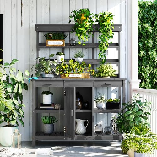 66" Large Outdoor Farmhouse Wooden Potting Bench Table (53.74 inch Length / Gray)