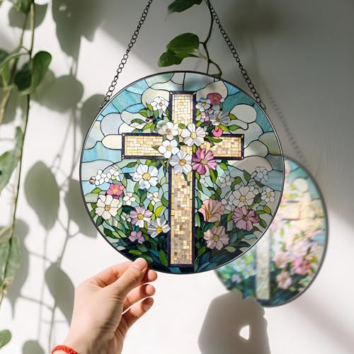 8'' Christian Stained Glass Suncatcher Ornament (Cross-c)