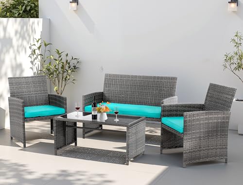 4 Piece Patio Ratten Set Outdoor Furniture Set Wicker Conversation Sets with Cushions and Tempered Glass Tabletop