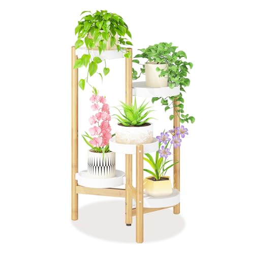 Plant Stand Table Tall for Indoor Corner (Classic White-Bamboo / 5 Tier)