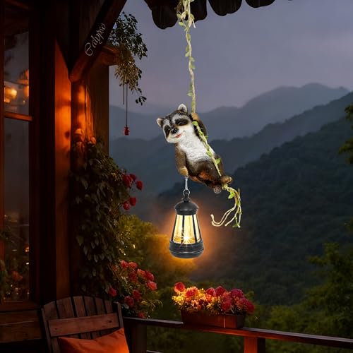 Solar Hanging Raccoon Statue