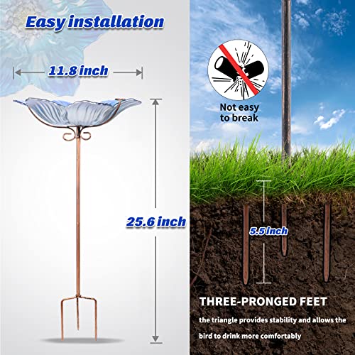 Glass Bird Bath Outdoor Birdfeeder Blue Flower Bowl with Metal Stake