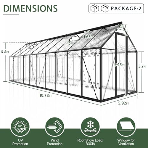 6x20 FT Walk in Polycarbonate Greenhouse with 2 Top Windows (6x20x6.4 FT)