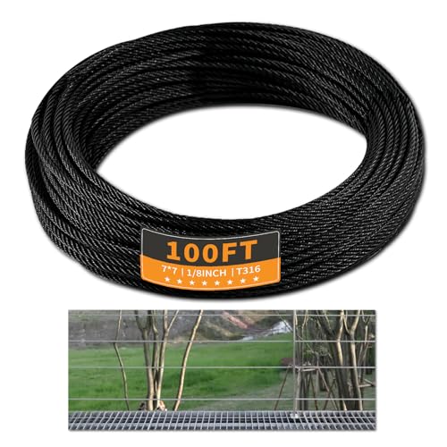 100FT 1 8" Stainless Steel Cable Black 7x7 Strands Aircraft Cable T316 Wire Rope with Cable Cutter 1800lbs Breaking Strength for Deck Cable Railing (100 Foot)