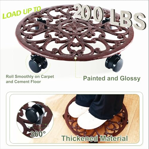 1 Packs 14 Inch Rolling Plant Stand with Wheels Metal Plant Caddy with Wheels Heavy Duty Round Plant Stand Indoor Iron Plants Rollers for Plants (14 inch: 1 pcs / Brown)