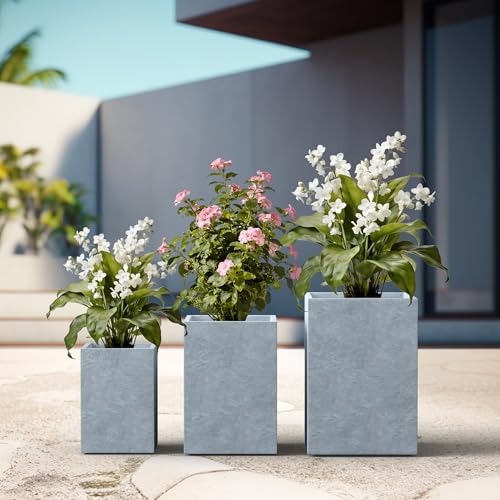 Set of 3 Blue Gray Concrete Tall Planters 13" 11" 9" Dia (Slate Gray / 18.5" H, 15.7" H, 12.6" H)