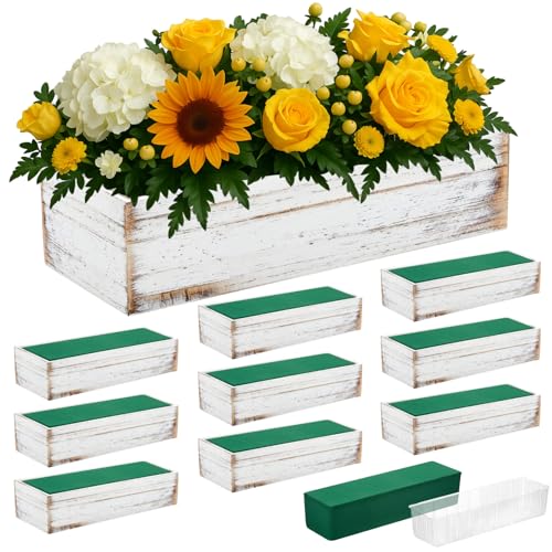 10 Set Wood Boxes for Centerpieces 12x4 Inch Rectangle Wooden Planter Box Rustic Wooden Planters with Removable Plastic Liner Floral Foam Blocks for Christmas Wedding Home Garden Decor (12 X 4 Inch / White)