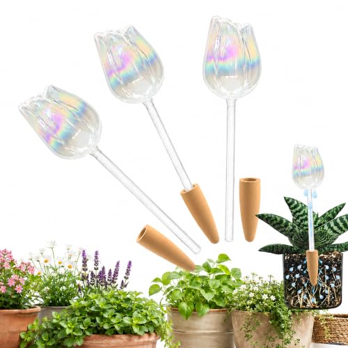 Non Clogging Iridescent Tulip Plant Watering Globes with Terracotta Spikes (3 Iridescent Tulips)