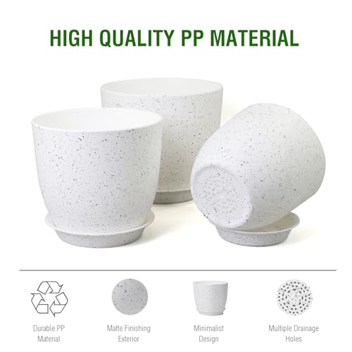 10/9/8 inch Medium Plant Pots, Set of 3 Modern Decorative Plastic Planters with Drainage Holes and Saucers for Garden House Plants, Flower Pots for Indoor Outdoor Plants, Speckled White (3 Count)