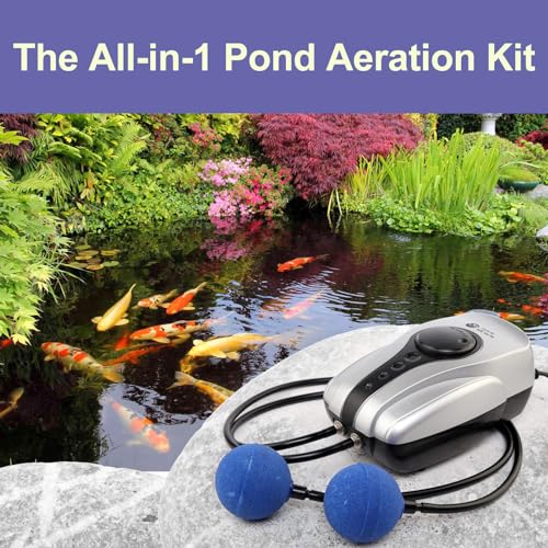 All-in-One Koi Pond Aerator for Outdoor Pond up to 1000 Gallons, Air Pump Aeration Kit with 2 Outlets Air Stones Airline Tubing Check Valves