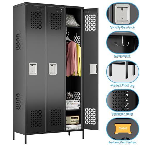 Upgrade Metal Lockers for School Office Gym Bedroom (Black-hw / 3 Doors)