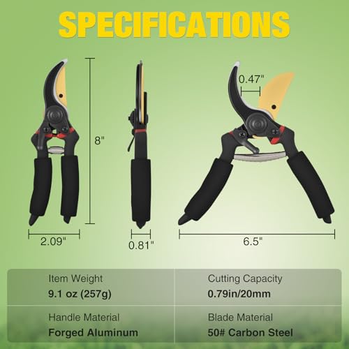 Pruning Shears for Gardening 8" Professional Bypass Garden Scissors Yard Clippers with Sharp Carbon Steel Blade Heavy Duty Hand Pruners for Branch Flower Plant Trimming Cutting Gardening Tools