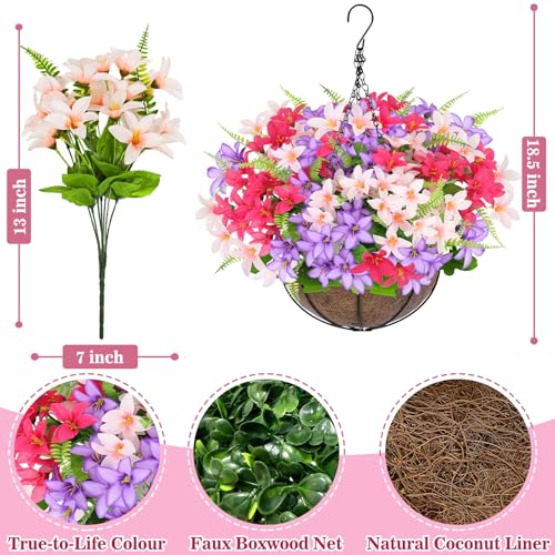 Artificial Faux Hanging Plants Flowers Basket for Outdoors Spring Summer Decoration (Hyacinth Fuchsia Mix)
