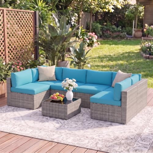 Patio Sectional Furniture Set (Light Blue / 7 Pieces)